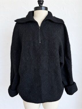 Vince Black Alpaca Wool Blend Oversized Half Zip Sweater Fuzzy Knit S